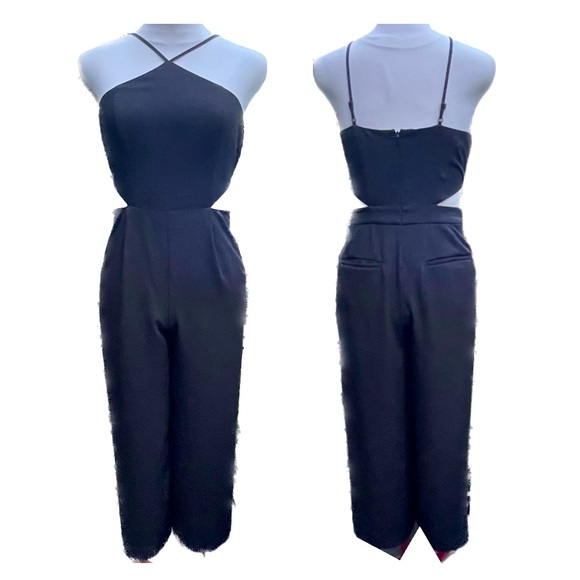 Bebe Wide Leg Cropped Length Halter Cut-out Jumpsuit Black Size 6 - Picture 2 of 14